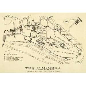 1907 Wood Engraving Map Alhambra Moorish Palace Grounds Granada Spain 