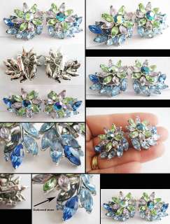 Vintage PASTEL PERIDOT Lavender BLUE RHINESTONE Flower EARRINGS Signed 