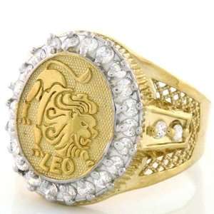  10K Solid Yellow Gold Mens Zodiac CZ Ring   Leo Jewelry