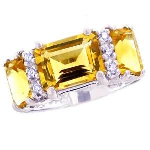 14K White Gold Octagon Three Stone Ring with Diamonds Citrine, size7