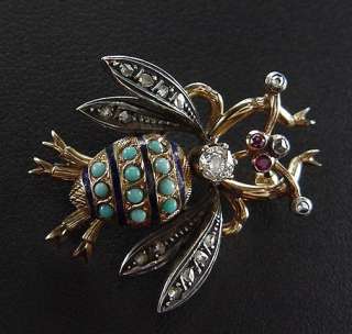   Victorian 14K Enamel Turquoise Ruby Rose Diamond Insect Bee Brooch Pin