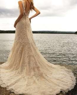   Lace V Neck Ivory Watteau Bead Sheath Wedding Dress/ Prom Gown  