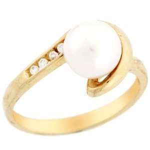   14k Solid Yellow Gold Freshwater Pearl & CZ Swirl Unique Ring Jewelry
