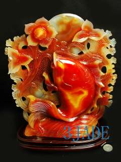 Carnelian/Red Agate Lotus Koi Fish Statue / Sculpture / Carving  