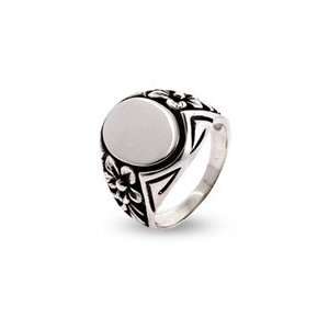   Engravable Pretty Sterling Silver Signet Ring With Flower Design