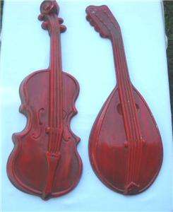 Vintage Red Metal Violin Lute Musical Instruments Wall Hanging Decor 