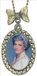 Princess Diana Crown Photo Crystal Ribbon Bronze Pendant Necklace 