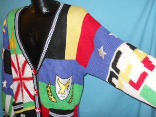 vintage FLAGS CRAZY ALL OVER CARDIGAN UGLY SWEATER L  