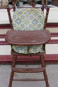 Wooden Brown High Chair for Child Children w/ Quilted Green & Blue 