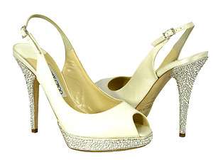 Jimmy Choo Ivory Satin Bridal Shoes   Crystal Heel and Platform   NIB 