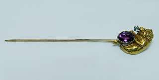 Art Nouveau Lion Leo Old European Diamond Amethyst Stick Pin 14K Gold 