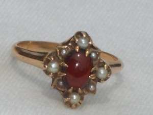14K GOLD VICTORIAN SEED PEARL RED STONE RING SZ 7  