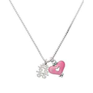 Silver Chinese Symbol Happiness and Trasnlucent Pink Heart Charm 
