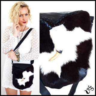 HANDMADE Black LEATHER+COW HAIR HIDE Handbag SLING BAG  