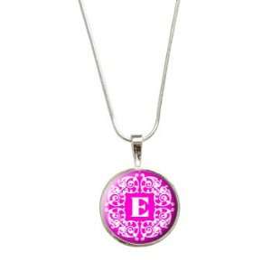  Letter E Initial Hot Pink and White Scrolls Pendant with 