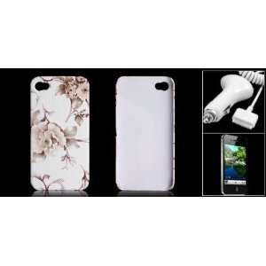   Flower Decor Hard Plastic Back Case + Car Charger for iPhone 4G 4