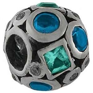 Biagi Sterling Diamond and Circle Pattern Ball Bead with Aqua, Clear 