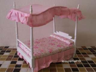 Dollhouse Miniature Bedroom Furniture Pink Canopy Bed Dresser Side 