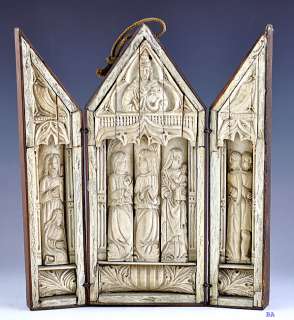 VERY OLD 11th 18th cent ROMANESQUE BONE & WOOD TRIPTYCH  