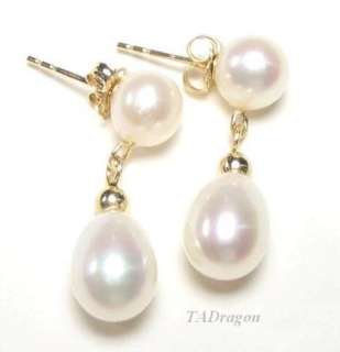 AAA White Pearl 14K Yellow Gold Dangle Post Earrings  
