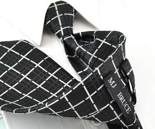   Handmade Woven silk Mens Tie checked Necktie set Cufflinks black 75