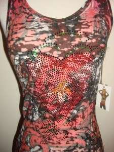 GO JEANS COUTURE BLACK TANK TOP RED PEACE HEART CRYSTAL  