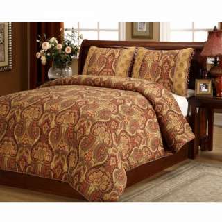 8pc Java Gold/Red Floral Scroll Design Cotton Blend Comforter & Sheet 