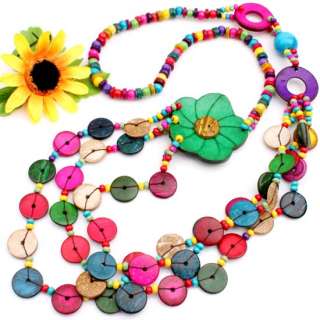Large Mixed Coconut Shell Green Flower Necklace 36L 1p  