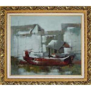  Serene Riverside Boats and Houses Oil Painting, with 