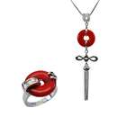 Dahlia Good Luck Red Jade Pendant Necklace (16) & Ring Set (Size 7)