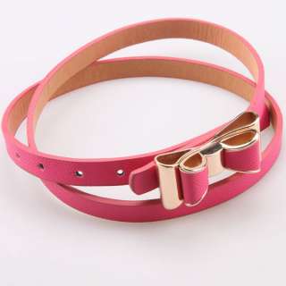 Fashion Lady Candy Color Double Bowkont PU Leather Thin Belt Fine Blet 