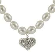   Silver Freshwater Pearl Crystal Heart Dangle Necklace 