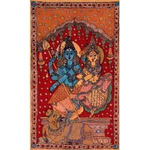  Lord Shiva and Parvati with Nandi   Kalamkari Painting on 