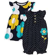 Carters Girls 2 Pack Romper & Dress Set   Navy Dot/Floral (9 Months 