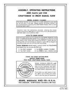  Craftsman Radial Arm Saw Manual No.113.29501  