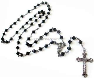 Mens Beaded Chain Crucifix Cross All Black Rosary Necklace Miraculous 