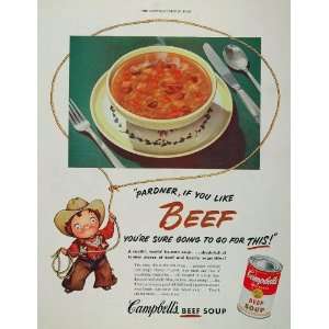 1953 Campbells Beef Soup Kid Cowboy Hat Lasso Rope Ad   Original 