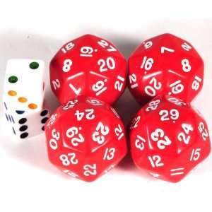   30 Sided RED Dice _Bundle of 4 with 2 bonus white dice: Toys & Games