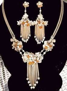 Victorian Antique Glass Pearls & Topaz Beads Foxtail Necklace 