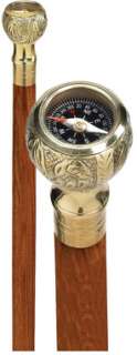 Authentic Polished Brass Gentlemans Walking Stick Compass Cane Design 