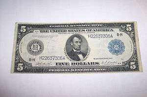 1914 FRN $ 5 FIVE DOLLARS FR. 874 ST LOUIS BURKE HOUSTON SIGNATURES 