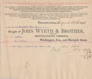 1901 John Wyeth & Brother Manufacturing Chemists Philadelphia Billhead 