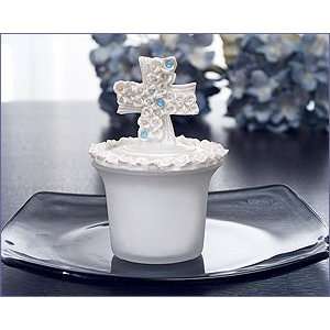  Glass Candle With Cross With Roses Top With Blue Crystals 