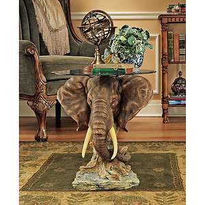 Trophy Pachyderm Elephant Glass Top Side Occasional Table  