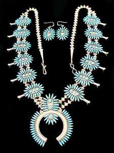 Zuni Needlepoint Turquoise Squash Blossom Necklace Set  