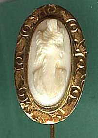 ANTIQUE, ANGEL SKIN CORAL carved CAMEO, STICK PIN, 10k  
