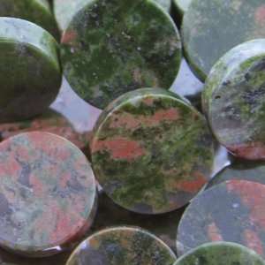 Unakite  Coin Flat   15mm Diameter, Sold by 7 Inch Strand with Angel 