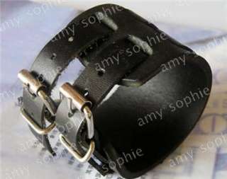 Black Leather 2 ROW Buckles Wrist Cuff Bracelet G27  