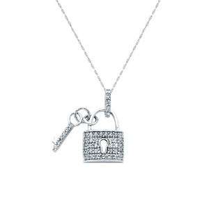 14K White Gold CZ Lock and Key Charm Pendant with 1.0mm Anchor Link 