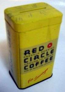 VINTAGE RED CIRCLE COFFEE STILL BANK TIN * $24.00  